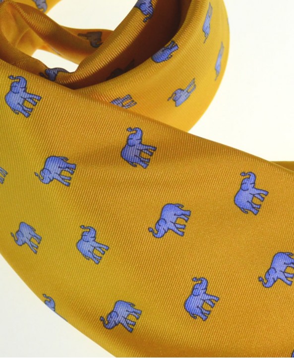 Fine Silk Lucky Elephant Pattern Tie in Yellow and Light Blue