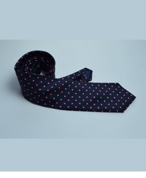 Fine Silk Spotted Tie with Pink Polka Dot Spots on Navy Blue