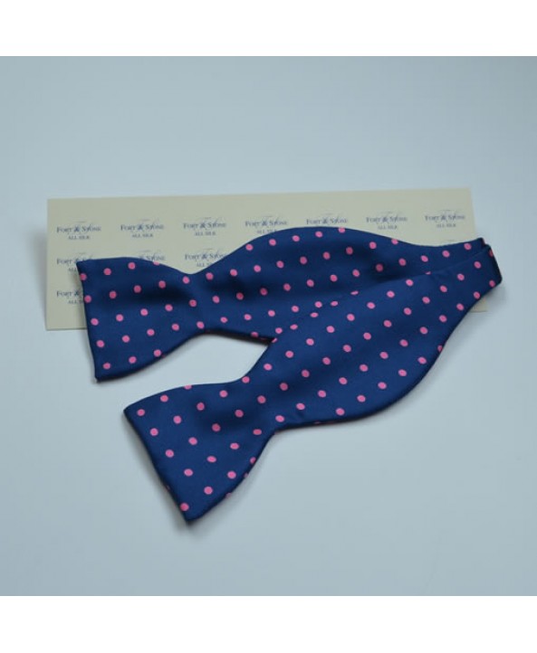 Fine Silk Spotted Self Tie Bow with Pink Spots on French Blue