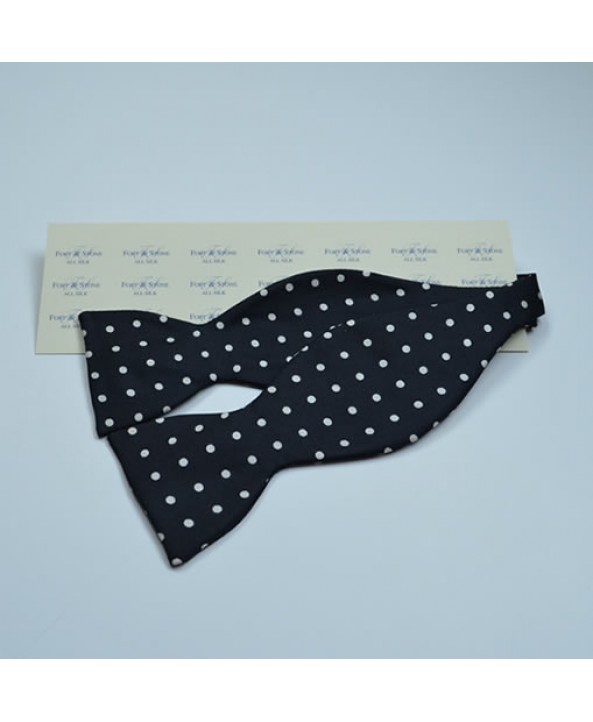 Fine Silk Spotted Self Tie Bow with White Spots on Black