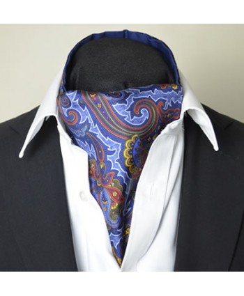 Fine Silk Rococo Royal Orchid Paisley Pattern Cravat in Blue