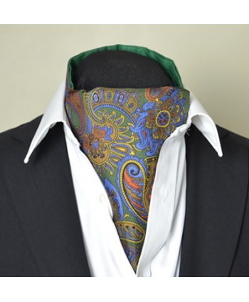 Fine Silk Proud Peacock Paisley Pattern Cravat in Green