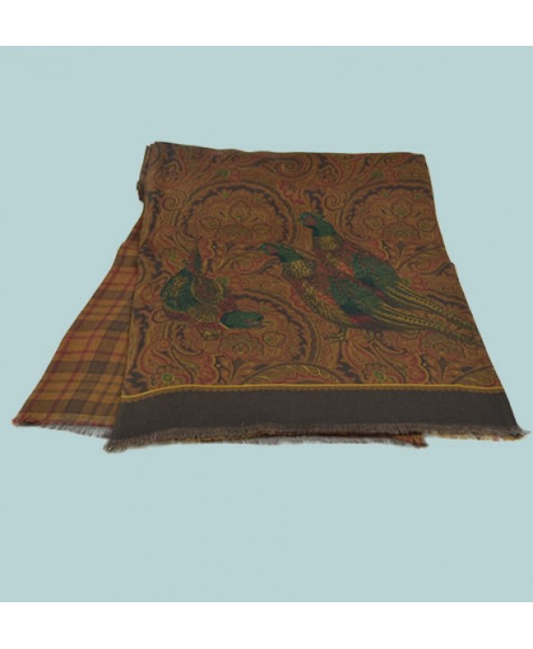 Fine Blended Silk and Wool Pheasant Pattern Scarf in Tan