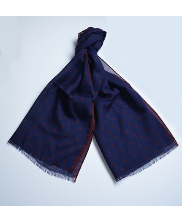 Navy blue silk and wool fringed spotted scarf