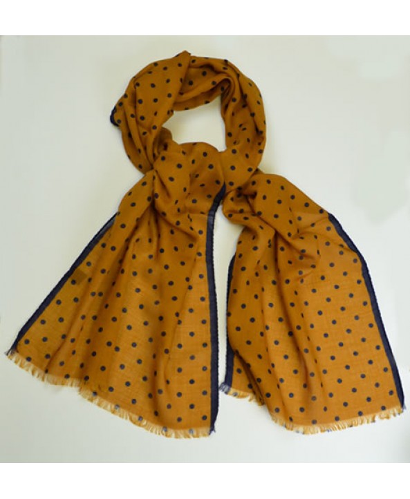 Mustard yellow silk and wool fringed spotted scarf