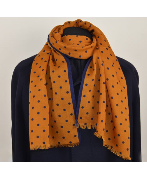 Mustard yellow silk and wool fringed spotted scarf